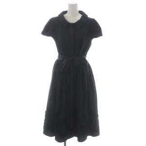 フラワーモチーフワンピース ロング ミモレ丈 半袖 ウエストリボン付き 40 黒 ブラック