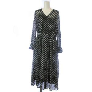 シアーシャツワンピース ミモレ ロング 長袖 ノーカラー シワ加工 総柄 2点セット キャミソール付き 38 M 濃紺 ダークネイビー