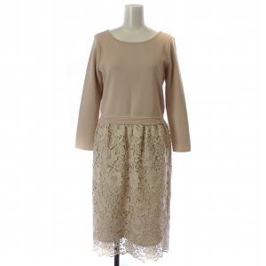 レースドッキングワンピース ニット セーター ミモレ ロング ラウンドネック 七分袖 花柄 総柄 38 M ピンク