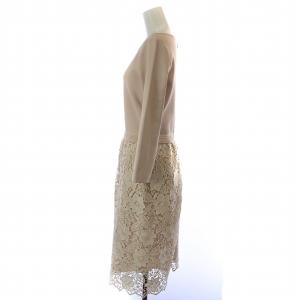 ANAYI レースドッキングワンピース ニット セーター ミモレ ロング ラウンドネック 七分袖 花柄 総柄 38 M ピンク