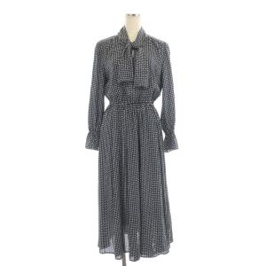 モノトーンプリントフレアワンピース ロング 長袖 36 紺 白 ネイビー ホワイト