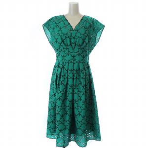 モザイクエンブロイダリータックワンピース 刺繍 レース フレア ミモレ ロング フレンチスリーブ タグ付き 2点セット ロングキャミソール付き