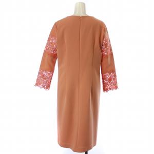 ANAYI 袖レース切替 ワンピース ひざ丈 七分袖 花柄 総柄 38 M サーモンピンク