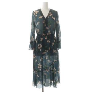 ローズプリント シアーワンピース ロング ミモレ 長袖 Vネック 花柄 36 紺 ネイビー