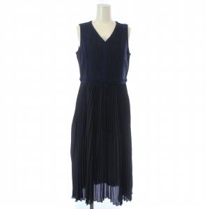 ノースリーブ プリーツ ワンピース ミモレ ロング 刺繍 シアー Vネック 38 M 濃紺 ダークネイビー