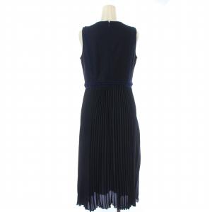 ANAYI ノースリーブ プリーツ ワンピース ミモレ ロング 刺繍 シアー Vネック 38 M 濃紺 ダークネイビー