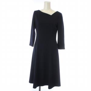 アシメネック フレアワンピース 七分袖 ひざ丈 38 M 濃紺 ダークネイビー