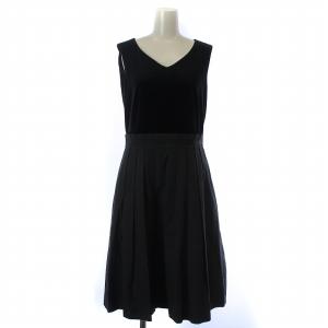 ドッキング ベロア ノースリーブワンピース プリーツスカート Vネック ミモレ ロング 38 M 黒 ブラック グレー