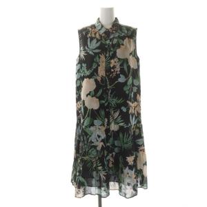 22SS フローラルシャツドレス ワンピース ティアード ロング ノースリーブ 前開き ボタニカル柄 36 黒 マルチカラー