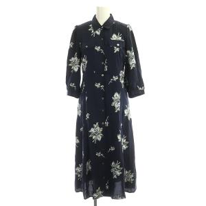 GRACE CONTINENTAL フラワー刺繍シャツワンピース ロング ミモレ 長袖 花柄 36 紺 ネイビー