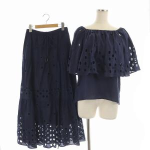セットアップ 上下 キカカットワークトップ×キカカットワークスカート ブラウス 半袖 フレアスカート ロング 36 紺 ネイビー