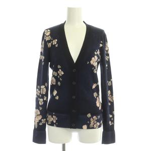 花柄 Vネックカーディガン ニット 長袖 ウール XS 紺 ネイビー