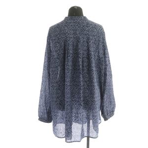 Leilian WHITE LABEL ボタニカル柄チュニックブラウス 長袖 バンドカラー タック 13 紺 ネイビー