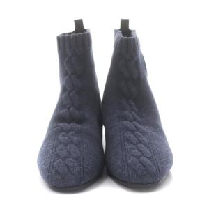 HERMES ヴォルヴェール デュオ ショートブーツ ニット レザー ロゴ 37 ネイビー