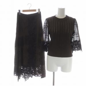 セットアップ 上下 フラワーレース袖ニットトップ フラワーレーススカート カットソー 七分袖 フレアスカート ロング 36