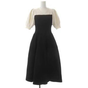 21AW  ホールガーメントボリュームスリーブワンピース 半袖 ロング ニット フレア Vネック 36 オフホワイト 黒 ブラック