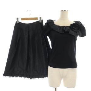 セットアップ 上下 フリル ボーダー カットソー Tシャツ 異素材切替 半袖 フレアスカート タック ひざ丈 38 黒 ブラック