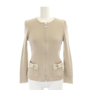 リボン ジップアップ リブニット カーディガン 長袖 パール装飾 38 ベージュ