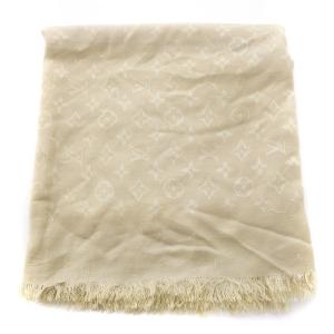 LOUIS VUITTON モノグラム 大判ストール シルク混 ウール混 フリンジ ベージュ