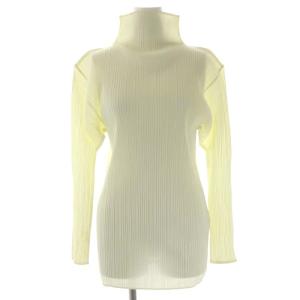 ハイネックカットソー 長袖 シアー プリーツ ライトイエロー
