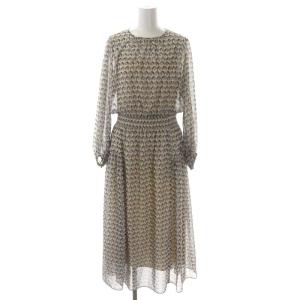 フラミンゴプリントシャーリング ワンピース シアー 総柄 長袖 ロング 36 ベージュ 紺 ネイビー