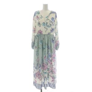 22SS ペイズリープリントワンピース ギャザー マキシ ロング 長袖 36 白 ホワイト