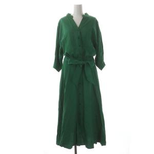 レーヨンリネン スタンドカラーワンピース シャツワンピース ロング 七分袖 36 緑 グリーン