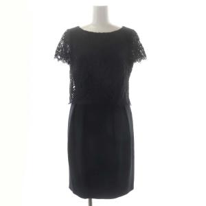 レース ドッキング 半袖 ワンピース 膝丈 切替 36 紺 ネイビー