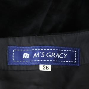 M'S GRACY ベロア リボン 花柄ワンピース ひざ丈 切替 半袖 36 黒 白 ブラック ホワイト
