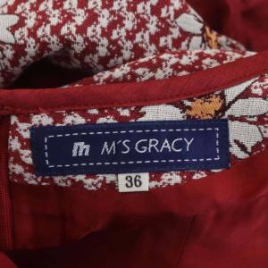 M'S GRACY マーガレットフラワー リボン ワンピース 切替 ニット ウール混 ひざ丈 長袖 36 赤 レッド オフホワイト