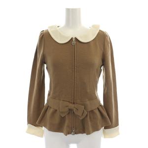 リボン 襟付き ジップアップカーディガン ニット 長袖 38 ライトブラウン アイボリー