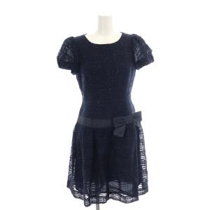 リボン ツイード ワンピース ひざ丈 半袖 36 紺 ネイビー