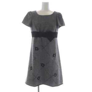 ツイードカメリアリボンワンピース 膝丈 半袖 パール ウール混 36 黒 ブラック マルチカラー