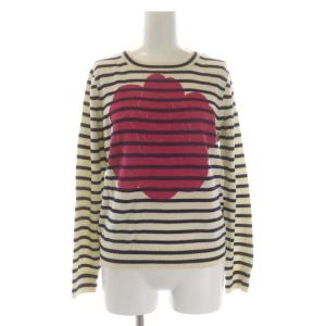 AD2016 フラワーボーダークルーネックニット セーター 長袖 オフホワイト ピンク 紺