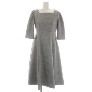 22AW トリプルクロスワンピース ロング ミモレ スクエアネック 五分袖 千鳥柄 34 黒 白 ブラック ホワイト