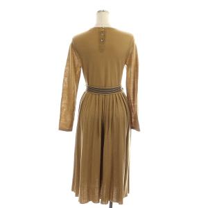 OLD ENGLAND ベルト付 プリーツニットワンピース ミモレ丈 ロング 長袖 ウール 36 キャメル