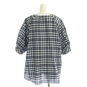 Leilian 近年モデル ホワイトレーベル チェックオーバーブラウス 五分袖 プルオーバー 大きいサイズ コットン混 13+ 紺 白 ネイビー