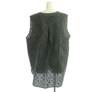 Leilian 近年モデル ホワイトレーベル レース切替ベスト 前開き Vネック 刺繍 大きいサイズ コットン 13+ カーキ