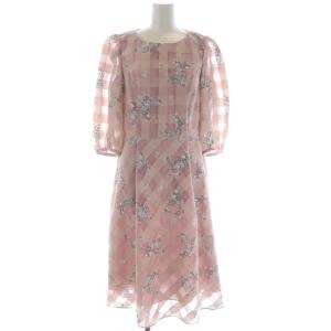 23SS ブロック柄シアーワンピース ロング 七分袖 花柄 ブーケ 40 ピンク マルチカラー