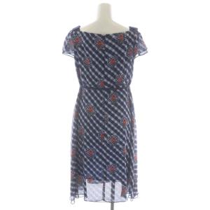 M'S GRACY 半袖花柄チェックワンピース ひざ丈 40 紺 白 赤