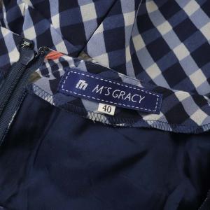 M'S GRACY 半袖花柄チェックワンピース ひざ丈 40 紺 白 赤