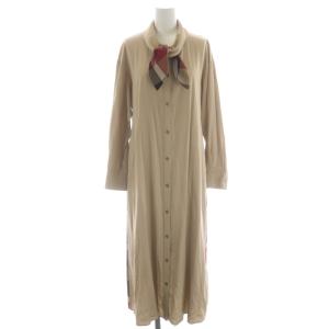 バックチェック シャツワンピース ロング 長袖 前開き 切替 ウエストリボン 36 ベージュ 赤 マルチカラー