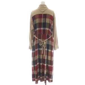 BLUE LABEL CRESTBRIDGE バックチェック シャツワンピース ロング 長袖 前開き 切替 ウエストリボン 36 ベージュ 赤 マルチカラー