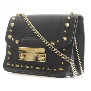 FURLA メトロポリス ショルダーバッグ レザー スタッズ チェーン ロゴ 黒 ブラック