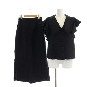 RHC リネンビッグカラー ブラウス×スカート セットアップ 上下 フレンチスリーブ ロング S 黒 ブラック