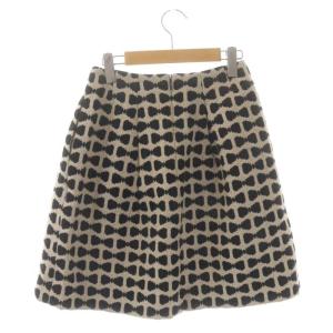 M'S GRACY リボン柄台形スカート ミニ フレア タック ウール 36 ベージュ 黒 ブラック