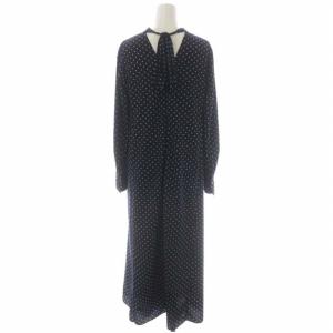 IENA ドットボウタイワンピース ロング 長袖 36 濃紺 白 ネイビー ホワイト