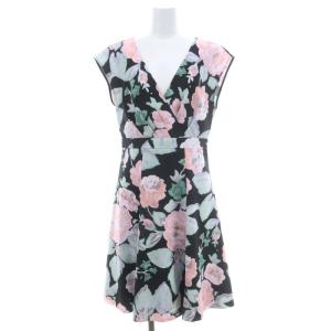 ワンピース フラワープリント 膝丈 フレンチスリーブ カシュクール調 36 黒 赤 緑