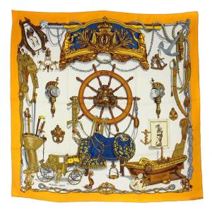 BATEAU A VAPEUR DE JOUFFROY DABBANS 蒸気船 カレ90 シルク スカーフ オレンジ 白 ホワイト