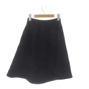 René 22AW ツイードニットスカート 膝丈 フレア ラメ ウール混 34 黒 ブラック シルバー色